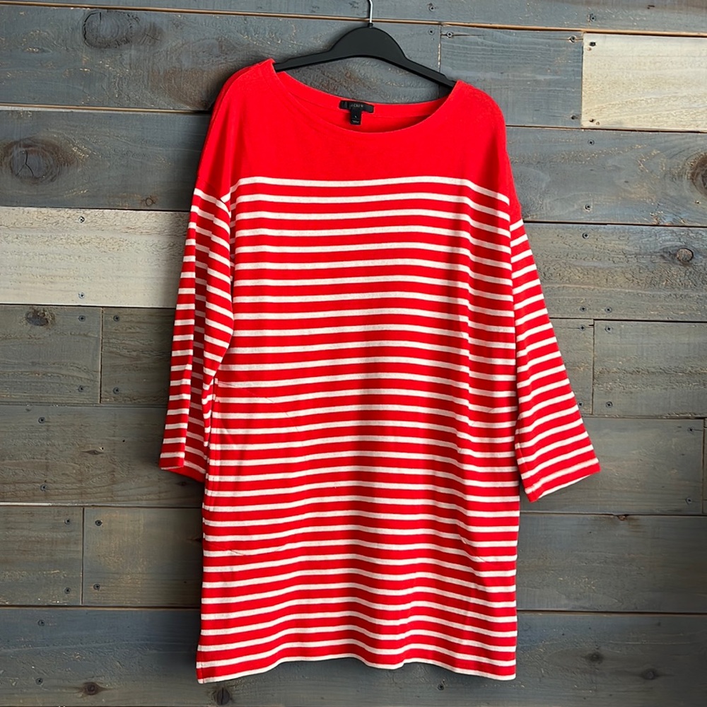 J Crew Striped Boat Neck Sweater Tunic Top 100% Cotton L Red